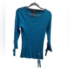 INC Ribbon Detail Sweater Size Small Teal Ribbed Jumper Cottagecore Capsule